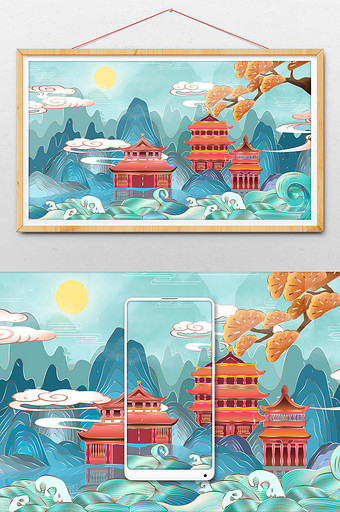 中国风复古水墨中国山水建筑插画图片