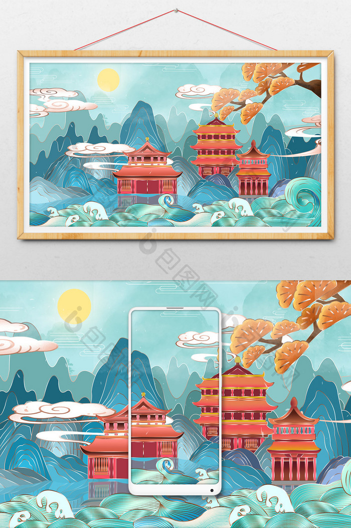 中国风复古水墨中国山水建筑插画