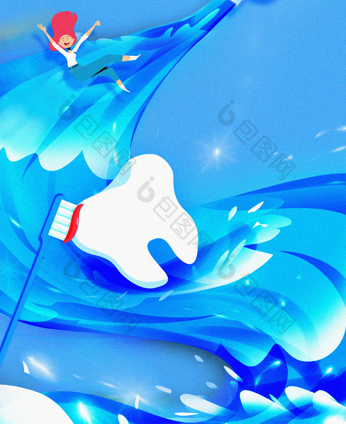 蓝色背景爱牙日刷牙蓝天白云海浪手机海报