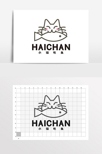 小猫吃鱼海鲜海产烤鱼片logo标志vi图片下载