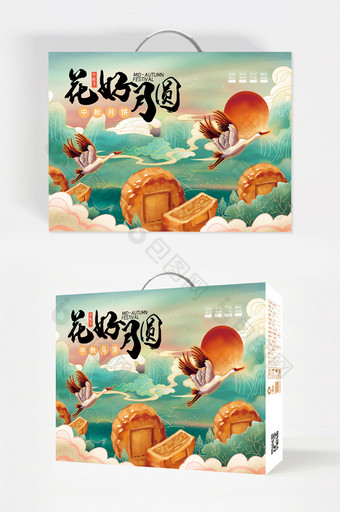 深色大气国潮插画节日中秋食品礼盒包装设计图片