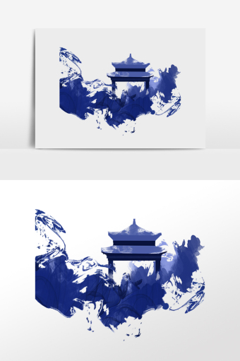 中式蓝色水墨建筑