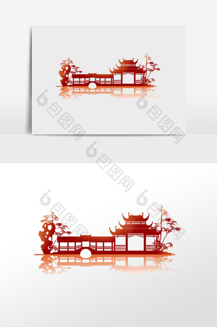 中式建筑红色剪影