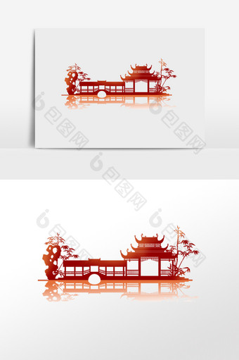 中式建筑红色剪影图片
