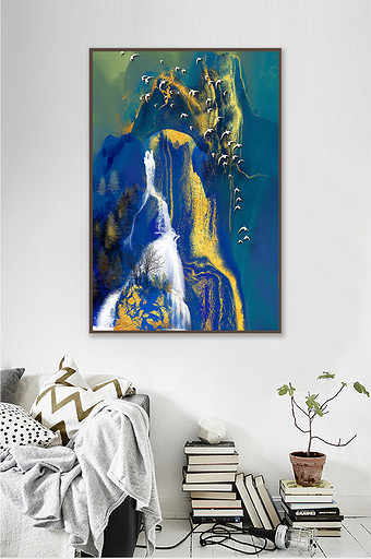 原创手绘新中式抽象蓝金山水装饰画图片