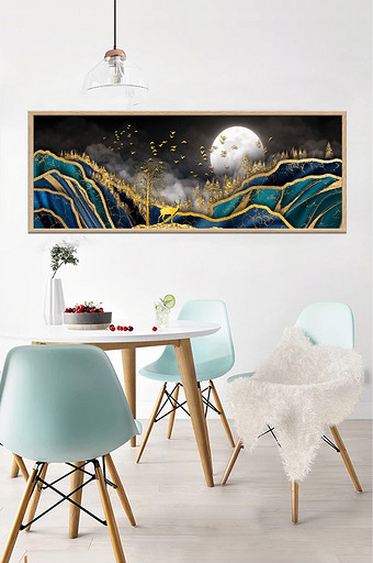 原创手绘金色蓝金新中式抽象意境山水装饰画图片