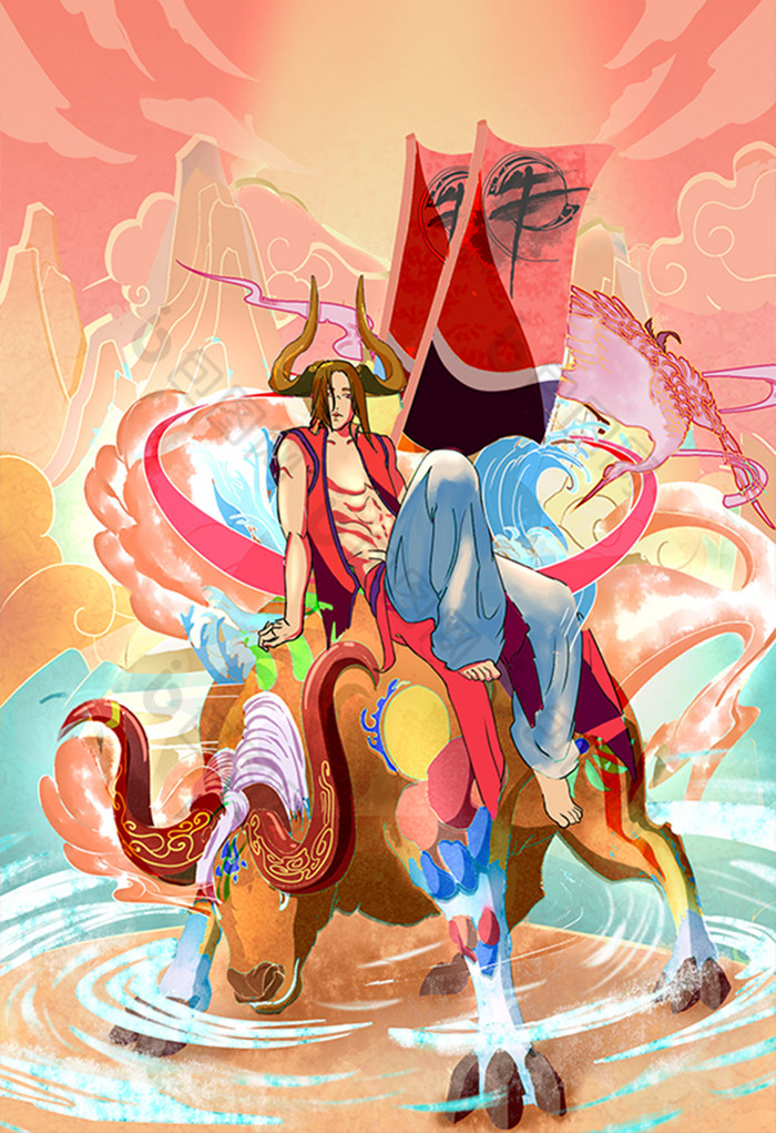 国潮牛年年轻牛魔王首页促销海报插画图片模版