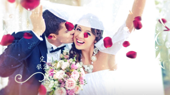 婚礼爱情写真照片在飞舞花瓣中展示AE模板