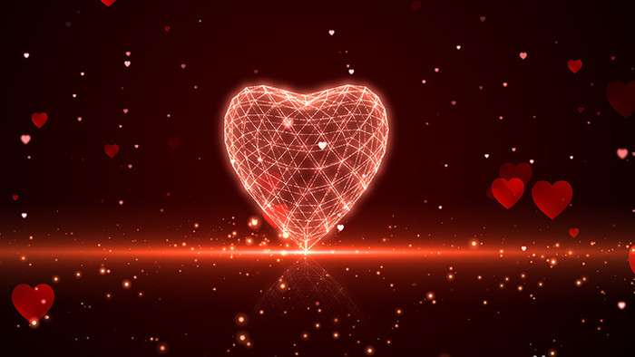 浪漫唯美红色水晶心形3d旋转粒子背景视频