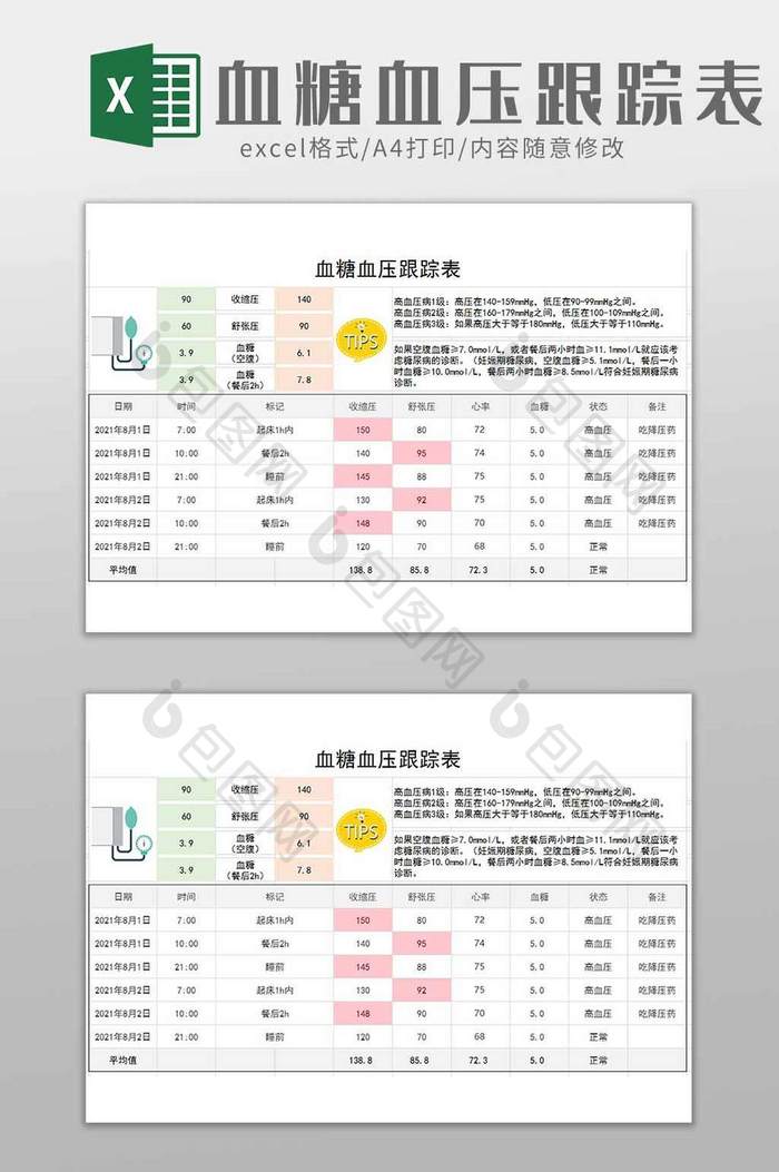 血糖血压跟踪记录表excel模板