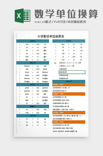 小学生数学单位换算excel模板