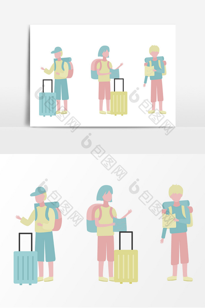 旅行国内旅游卡通人物元素扁平风插画行李箱