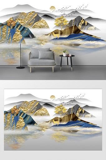 新中式手绘抽象轻奢金色山水电视背景墙图片