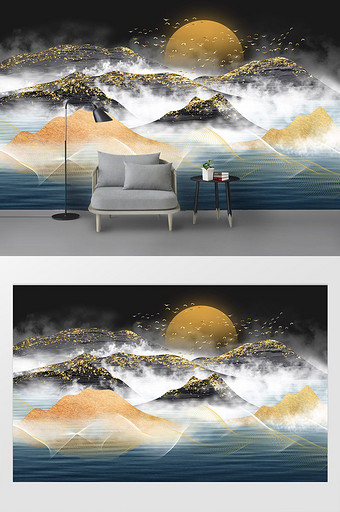 新中式手绘轻奢金色质感山水意境背景墙图片