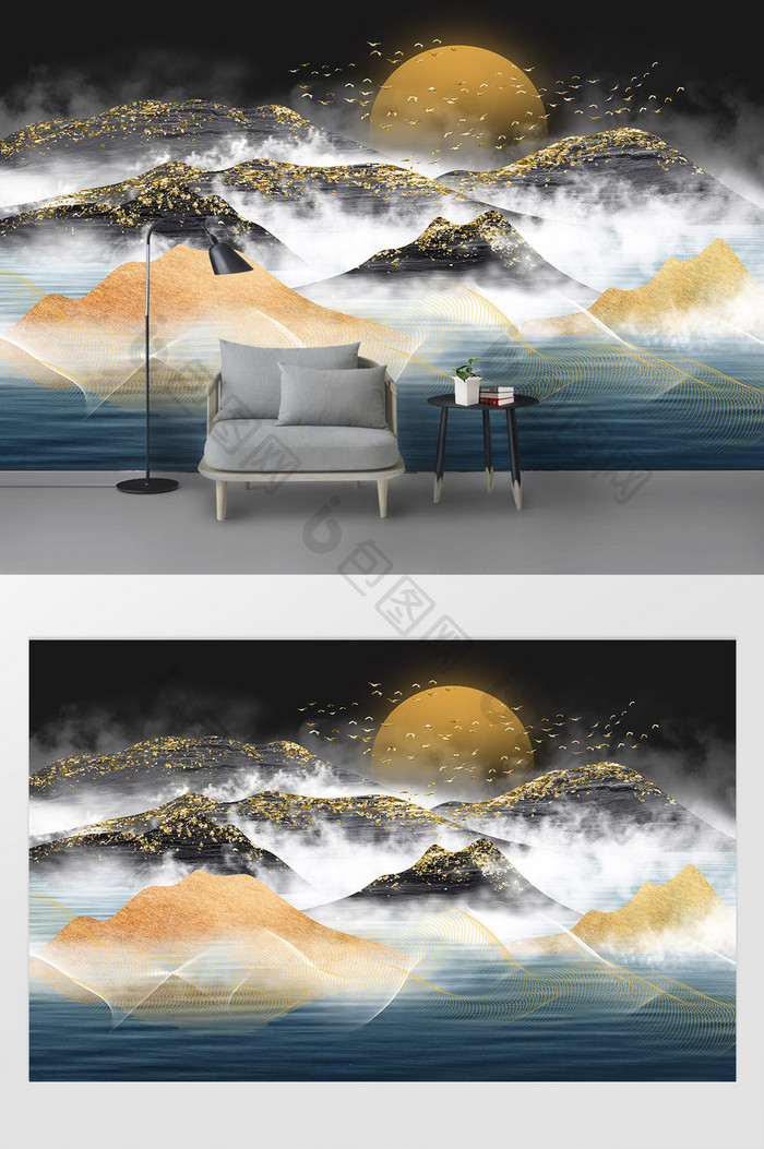 新中式手绘轻奢金色质感山水意境背景墙