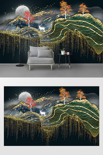 新中式轻奢手绘质感金色山水背景墙图片