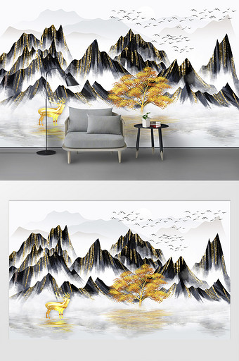 新中式手绘轻奢金色意境山水背景墙图片