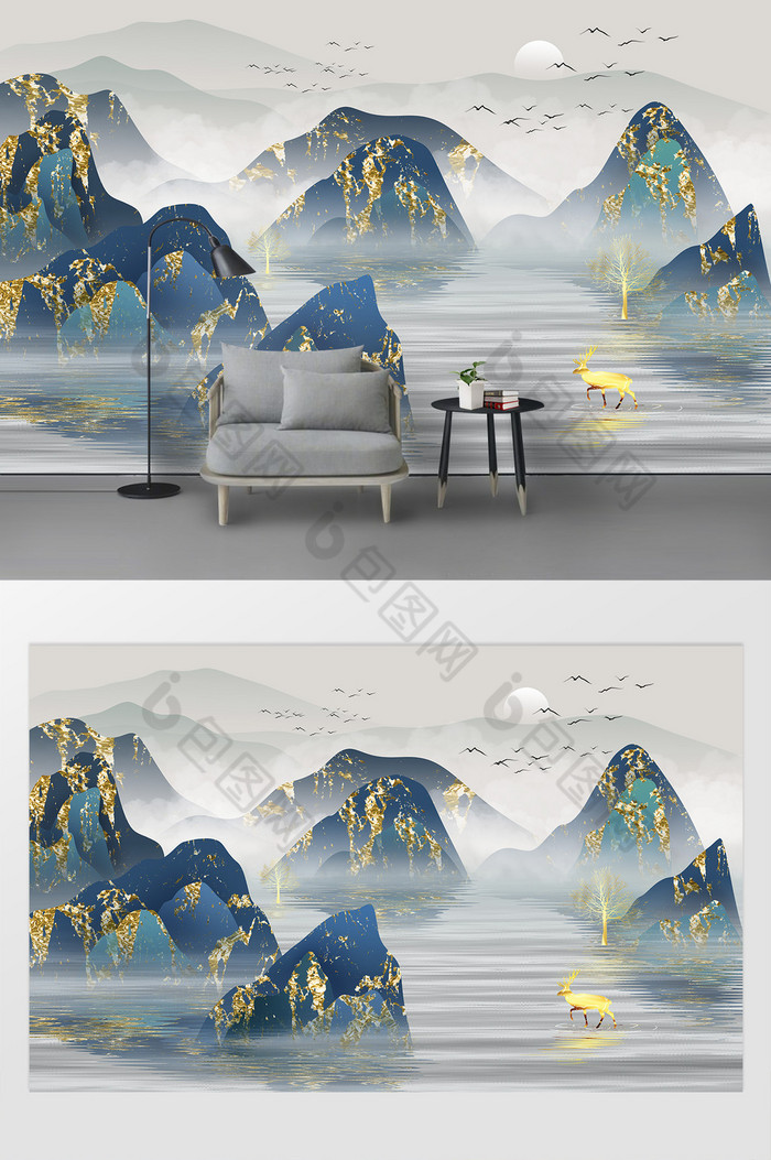 新中式抽象轻奢蓝金山水背景墙效果图-【包图网】