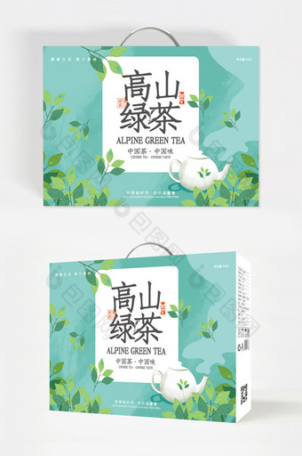 绿色清新插画高山绿茶食品礼盒包装设计图片