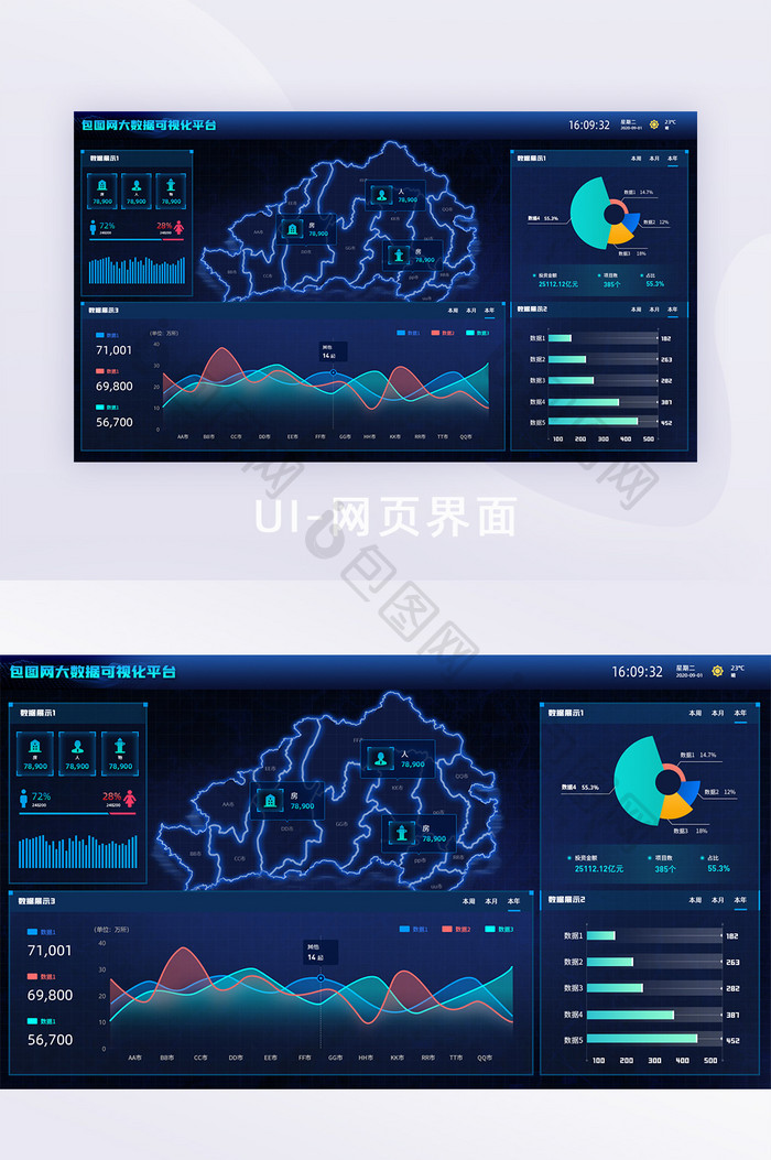 深色蓝色科技风智慧城市可视化大数据界面