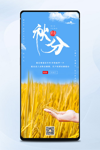 蓝色小清新秋分节气农作物水稻丰收手机配图图片