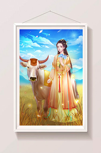 牛年汉服女孩草原放牧中国风插画图片