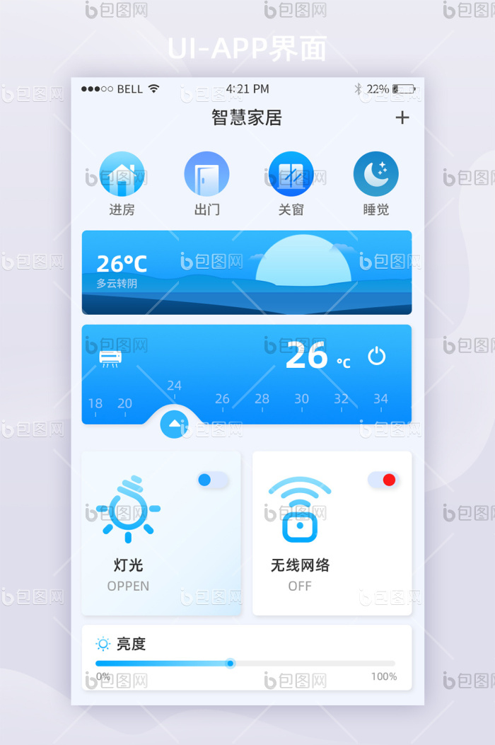 蓝色淡色智慧家居移动端APP界面UI界面-包图网