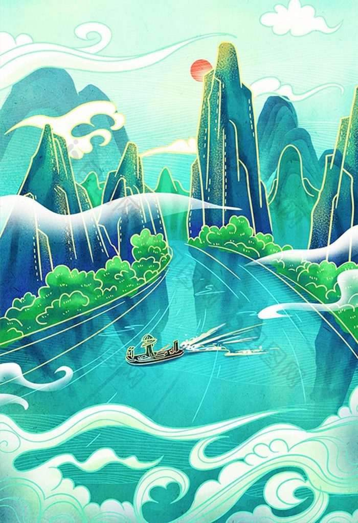 蓝绿色小清新唯美中国风桂林山水风景区插画