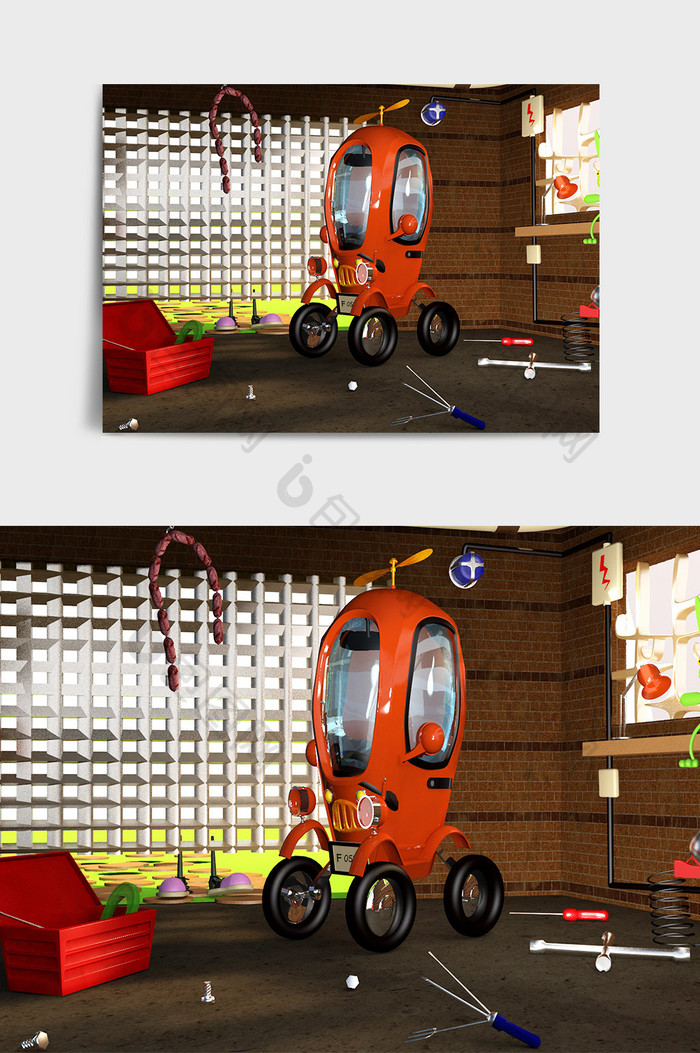 橙色卡通风格小汽车库房造型C4D创意场景