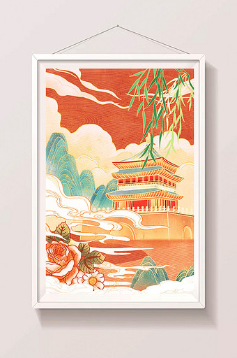 橘红色中国风国潮西安钟楼鼓楼建筑风景插画图片