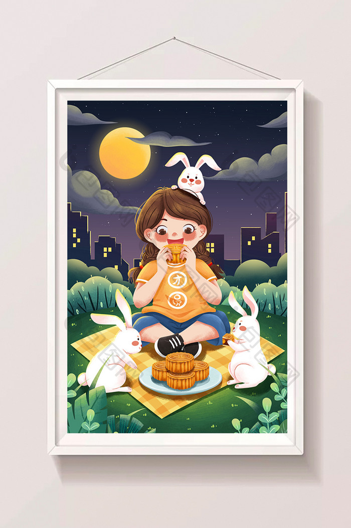 中秋节月下吃月饼女孩与兔子插画