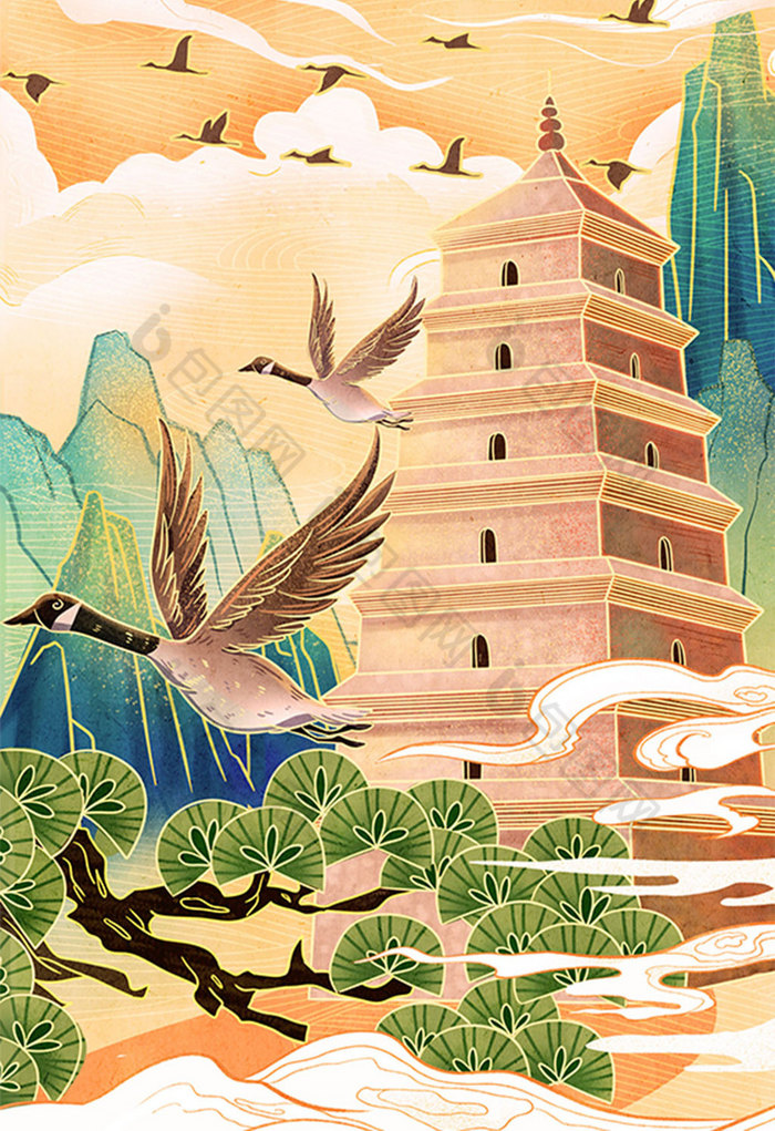 黄西安大雁塔风光建筑景区插画图片