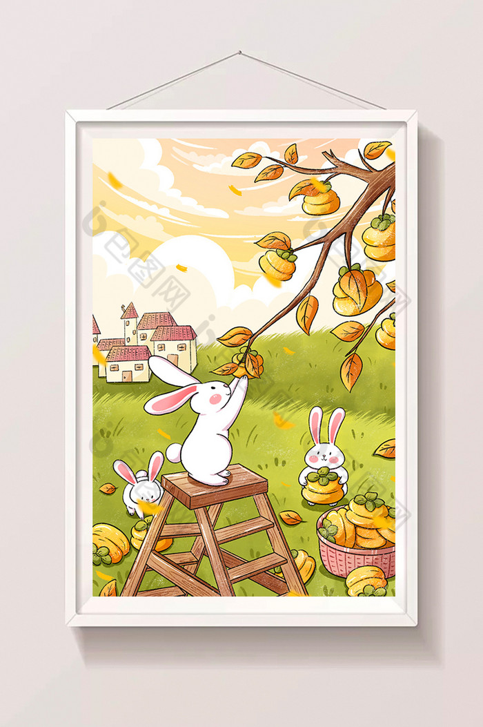 霜降小兔子摘柿子插画图片图片