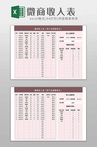 微信微商产品收入统计表excel模板图片