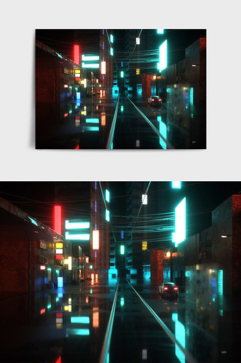彩色霓虹灯雨夜街道赛博朋克C4D创意场景图片