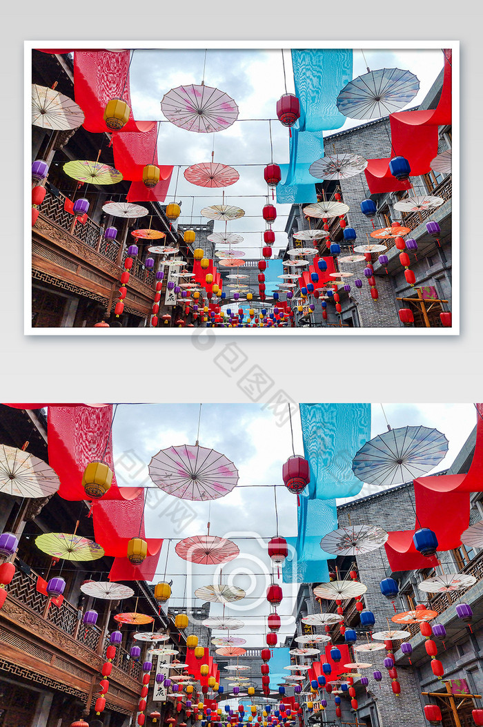 油纸伞红灯笼一条街摄影图片图片