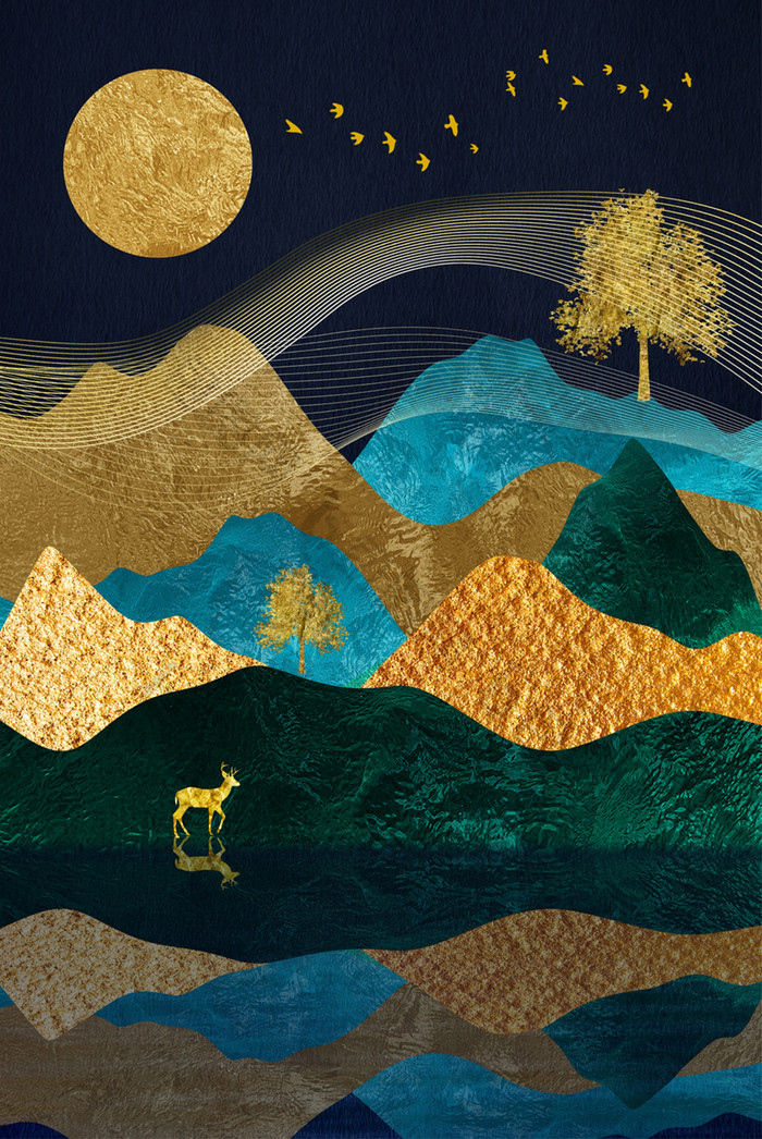 新中式鎏金抽象山水线条麋鹿金色装饰画