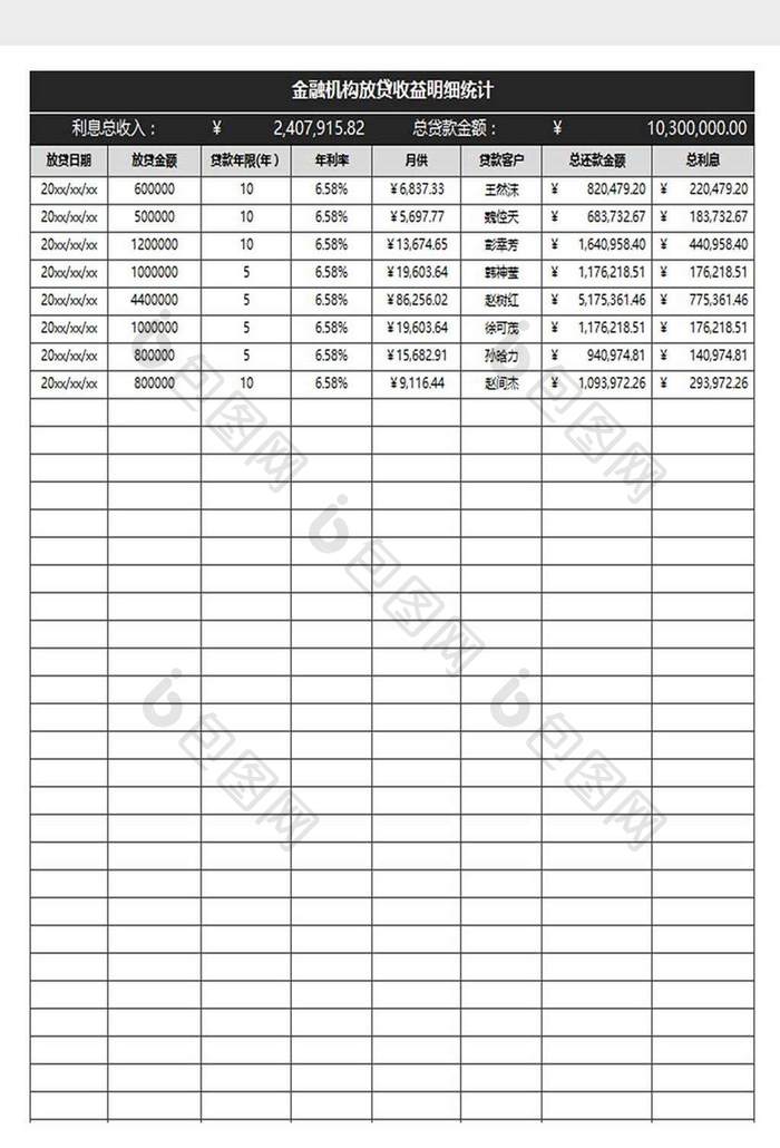 金融放贷收益表excel模板