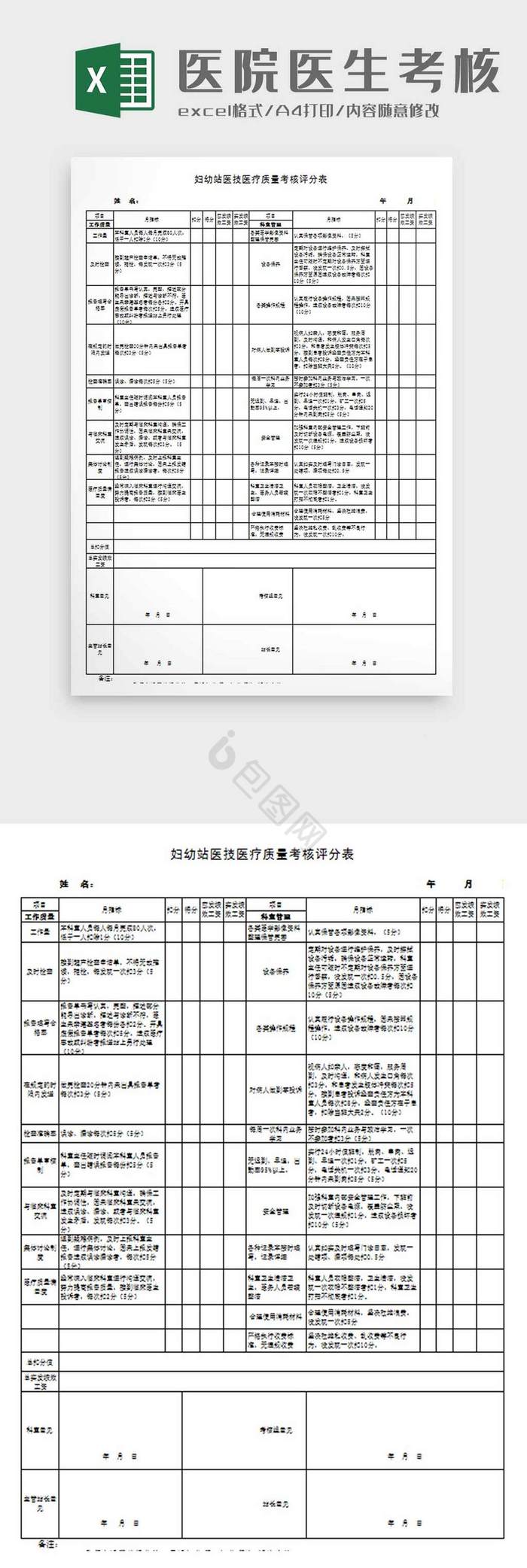 医院技能医疗质量考核评分表excel模板