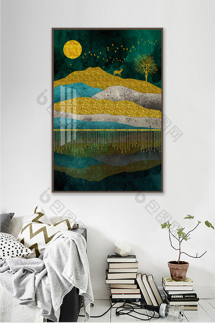 新中式山水抽象鎏金麋鹿金色装饰画图片图片
