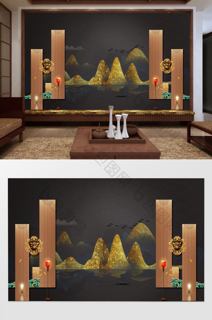 中式禅意鎏金山水背景墙图片图片