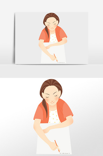 卡通女子写字签字