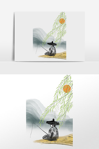 水墨钓鱼垂钓孤独渔夫