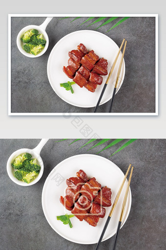 俯拍白色餐具里的红烧肉摆盘图片