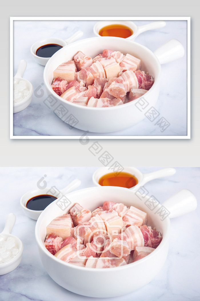 切好的五花肉放置在餐具里图片图片