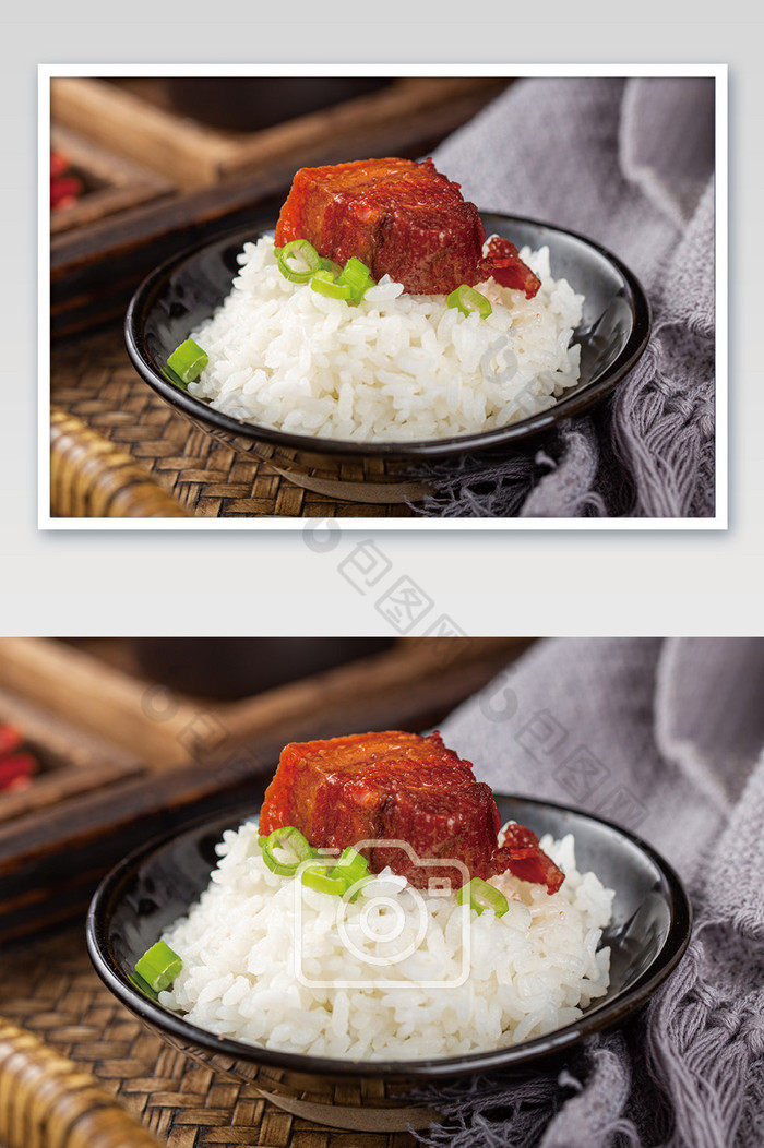 黑色碗里米饭上的红烧肉图片图片
