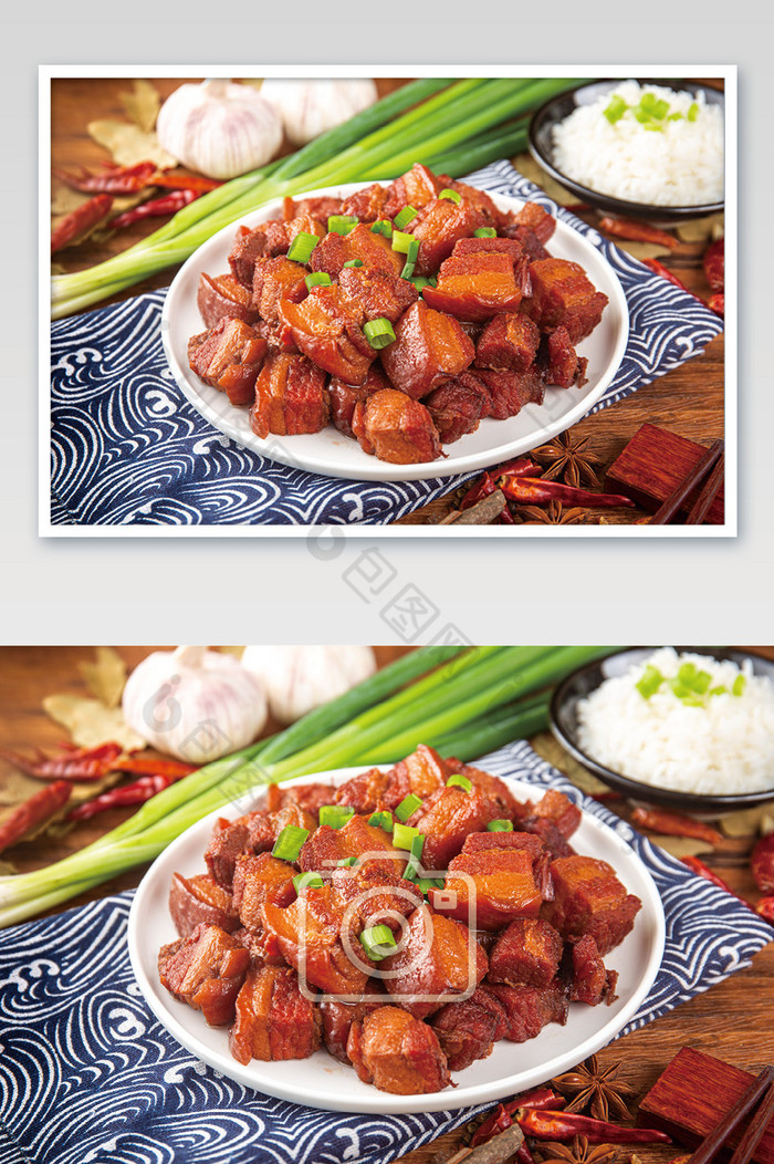 传统菜品撒上葱花的红烧肉图片图片