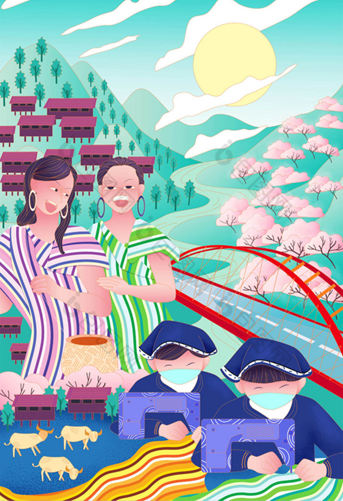 扶贫民族农村农业农民生态发展山谷插画