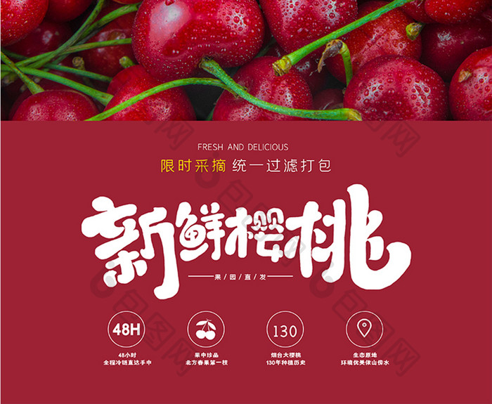 红色简约新鲜樱桃车厘子水果美食宣传海报