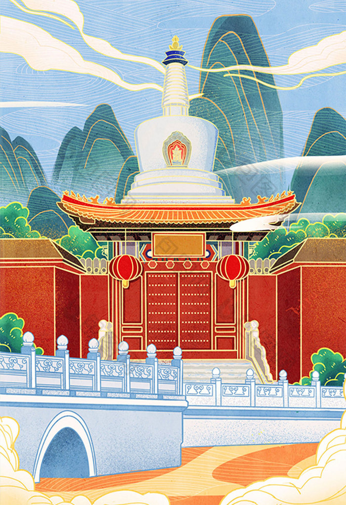 红蓝色中国风风光建筑北京白塔寺景区插画